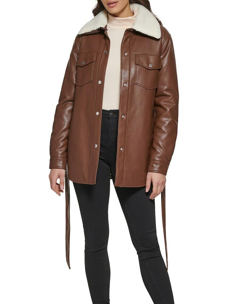 Kenneth Cole Women's Faux Leather & Faux Shearling Belted Shirt Jacket - Chocolate Cover