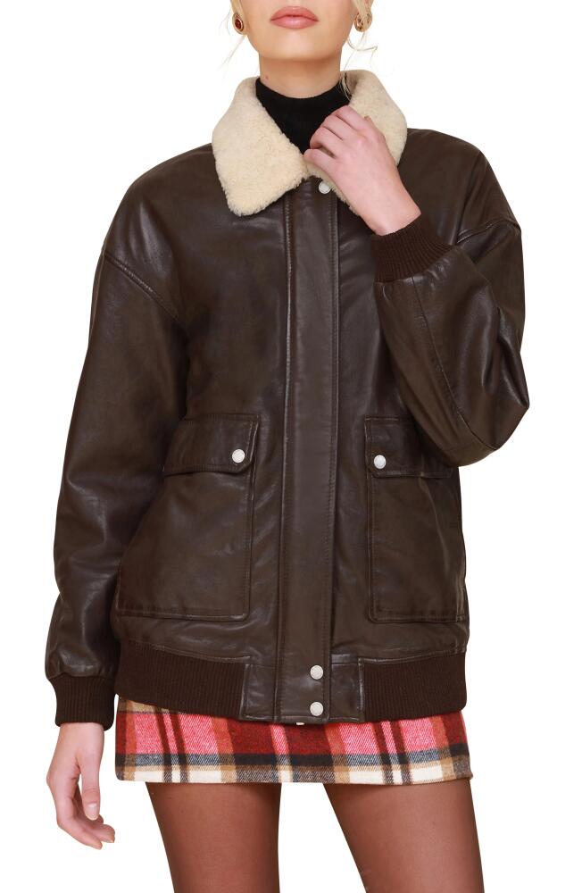 Avec Les Filles Leather Bomber Jacket with Genuine Shearling Collar in Espresso Cover