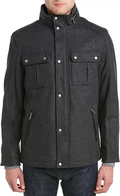 Cole Haan Wool Melton Stand Collar Jacket With Patch Pockets (Charcoal) Men's Coat Cover