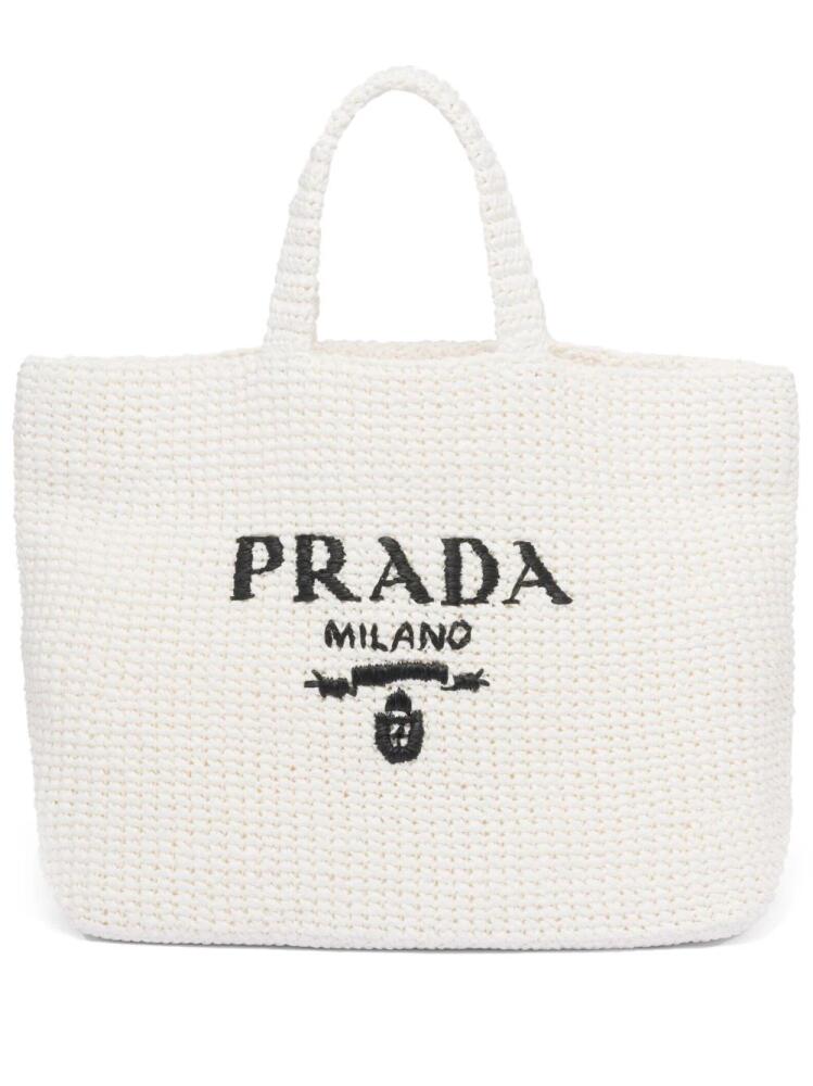 Prada logo-embroidered raffia tote bag - White Cover