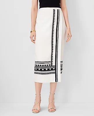 Ann Taylor Geo Border Linen Blend Wrap Midi Skirt Cover