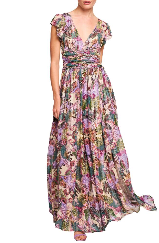 CIEBON Jennsen Ruched Flutter Sleeve Maxi Dress in Purple Cover