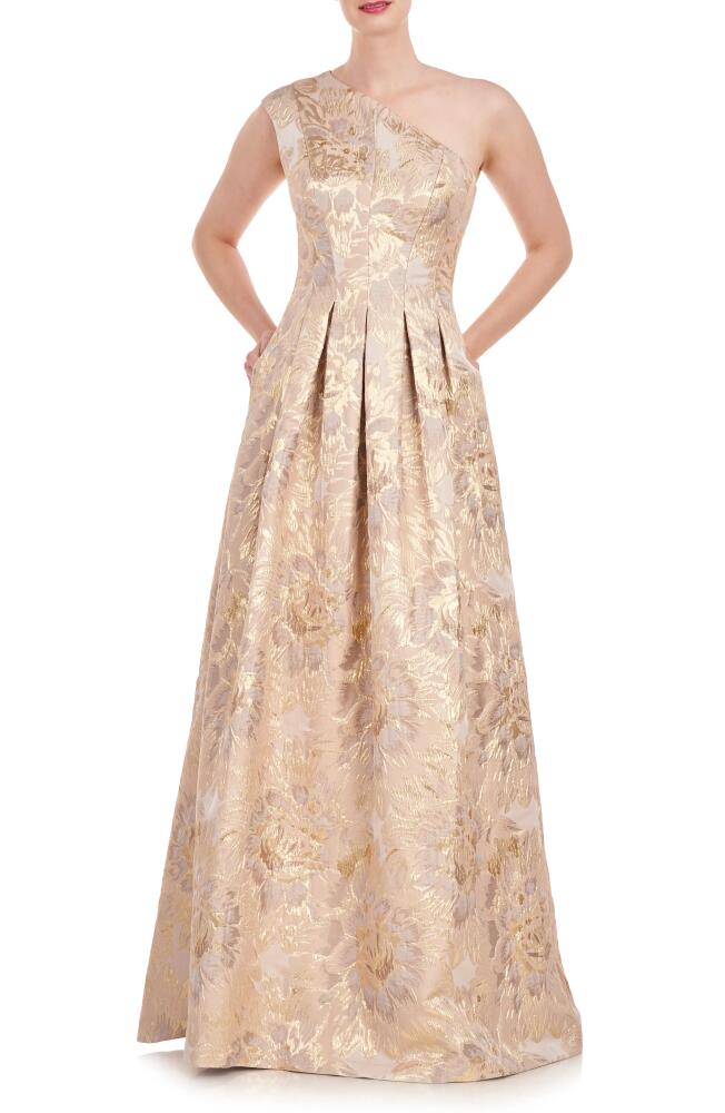 Kay Unger Carolyn Metallic Floral Jacquard One-Shoulder Gown in Hazelnut Cover