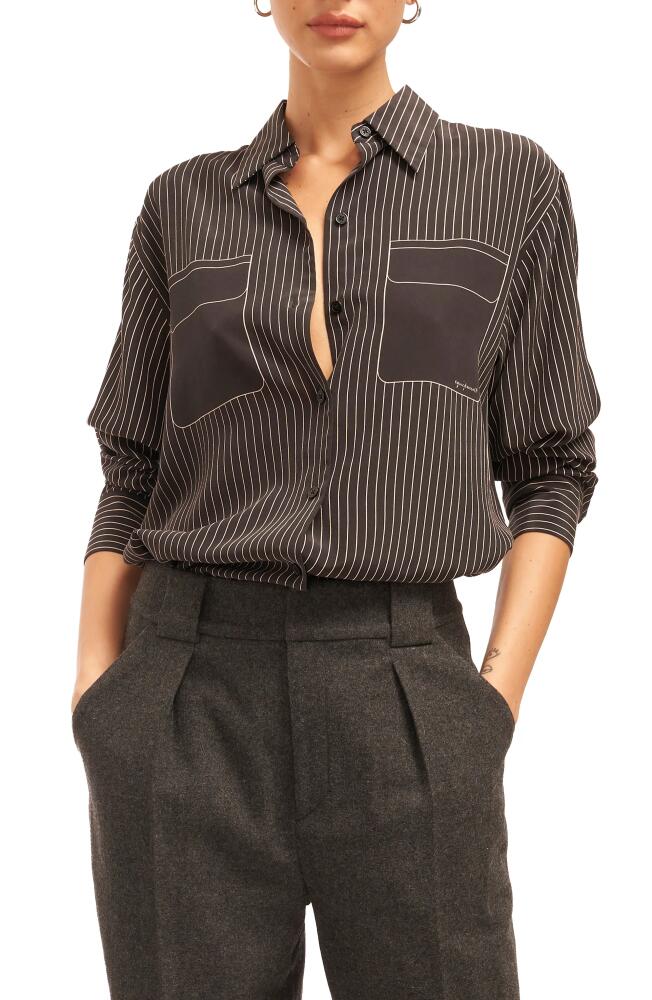 Equipment Signature Slim Fit Stripe Silk Button-Up Shirt in True Black And Frappe Cover