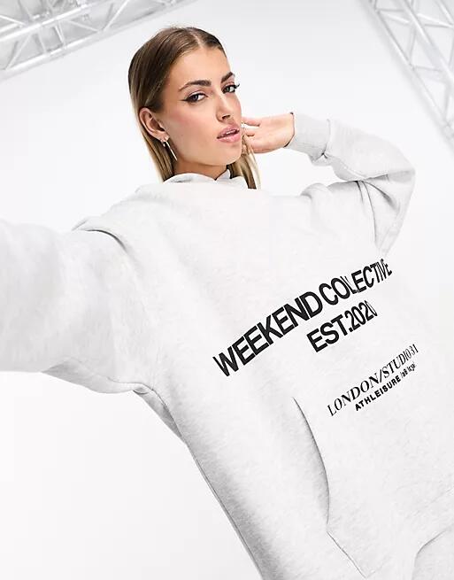 Weekend Collective oversized hoodie with stacked logo in gray heather Cover