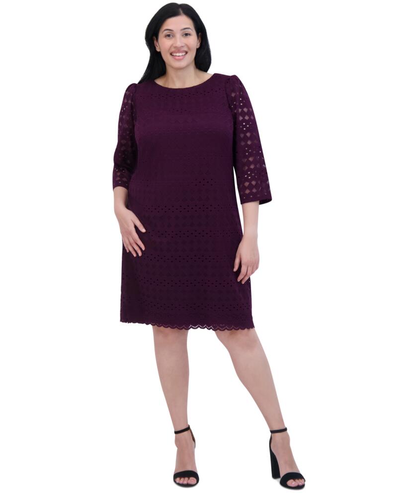 Jessica Howard Plus Size Lace 3/4-Sleeve Shift Dress - Eggplant Cover