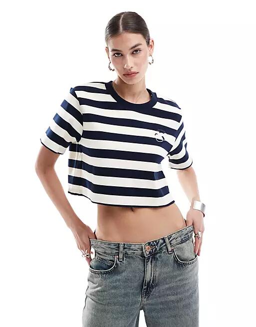 Urban Revivo cropped nautical t-shirt in navy and white Cover