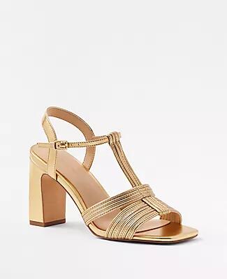 Ann Taylor Metallic Leather Strappy High Block Heel Sandals Cover