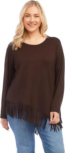 Karen Kane Plus Size Asymmetric Fringe Top (Brown) Women's Clothing Cover