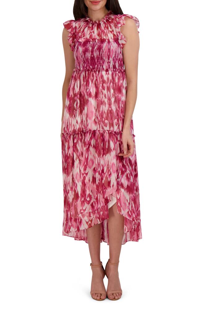 Julia Jordan Ikat Print Tiered Midi Dress in Pink Multi Cover