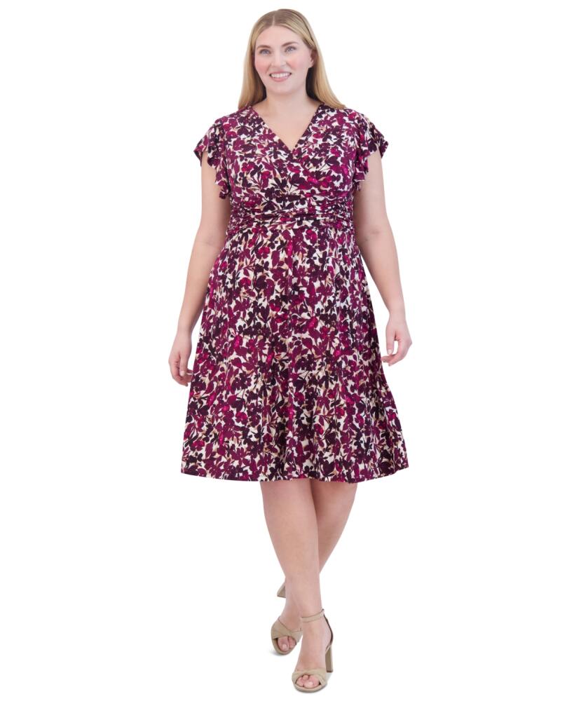 Jessica Howard Plus Size Floral-Print Flutter-Sleeve Dress - Berry Cover