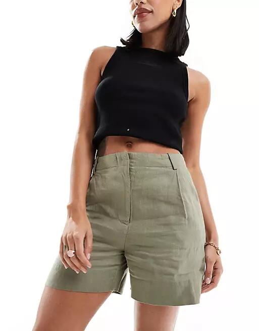 & Other Stories linen high waist shorts in khaki exclusive to ASOS - part of a set-Green Cover