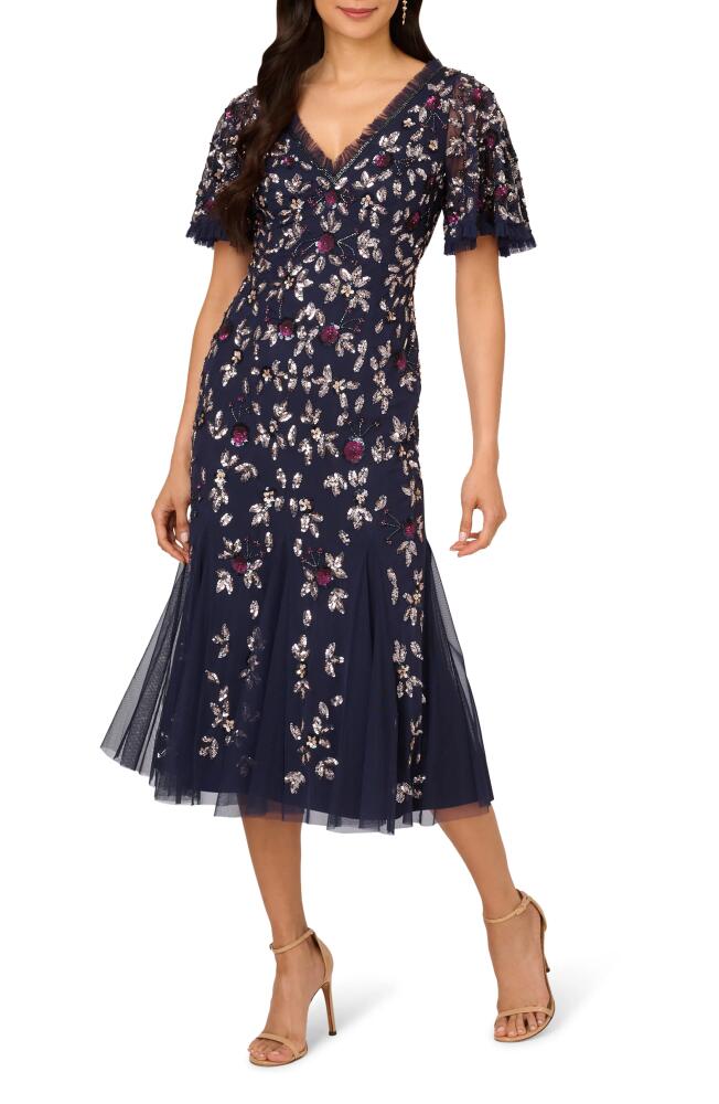 Adrianna Papell Floral Embellished Mesh Midi Gown in Light Navy Cover