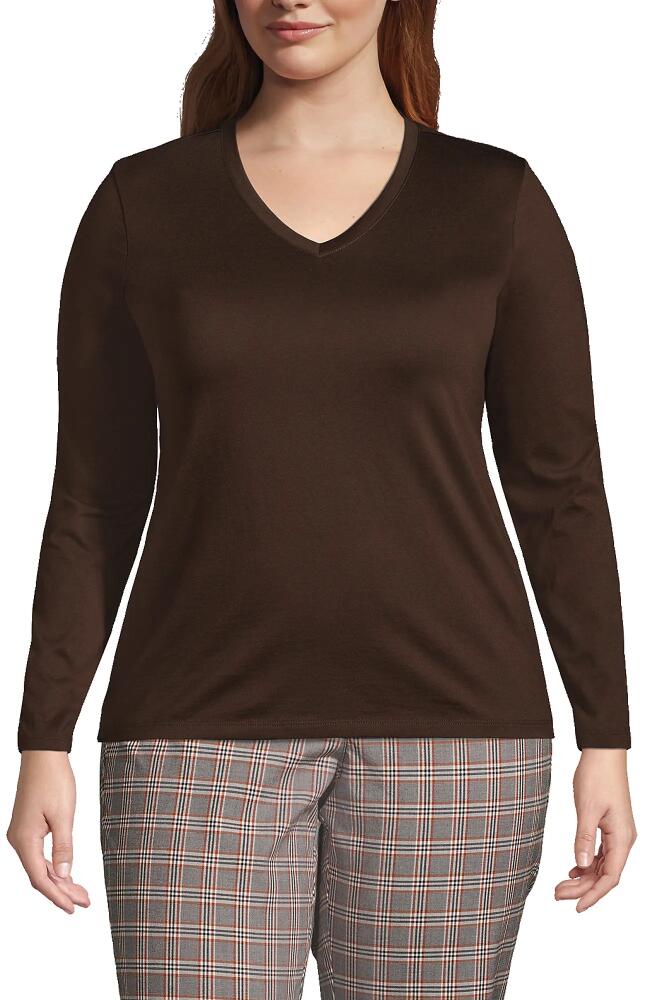 Lands' End Plus Size Relaxed Supima Cotton Long Sleeve V-Neck T-Shirt in Rich Coffee Cover