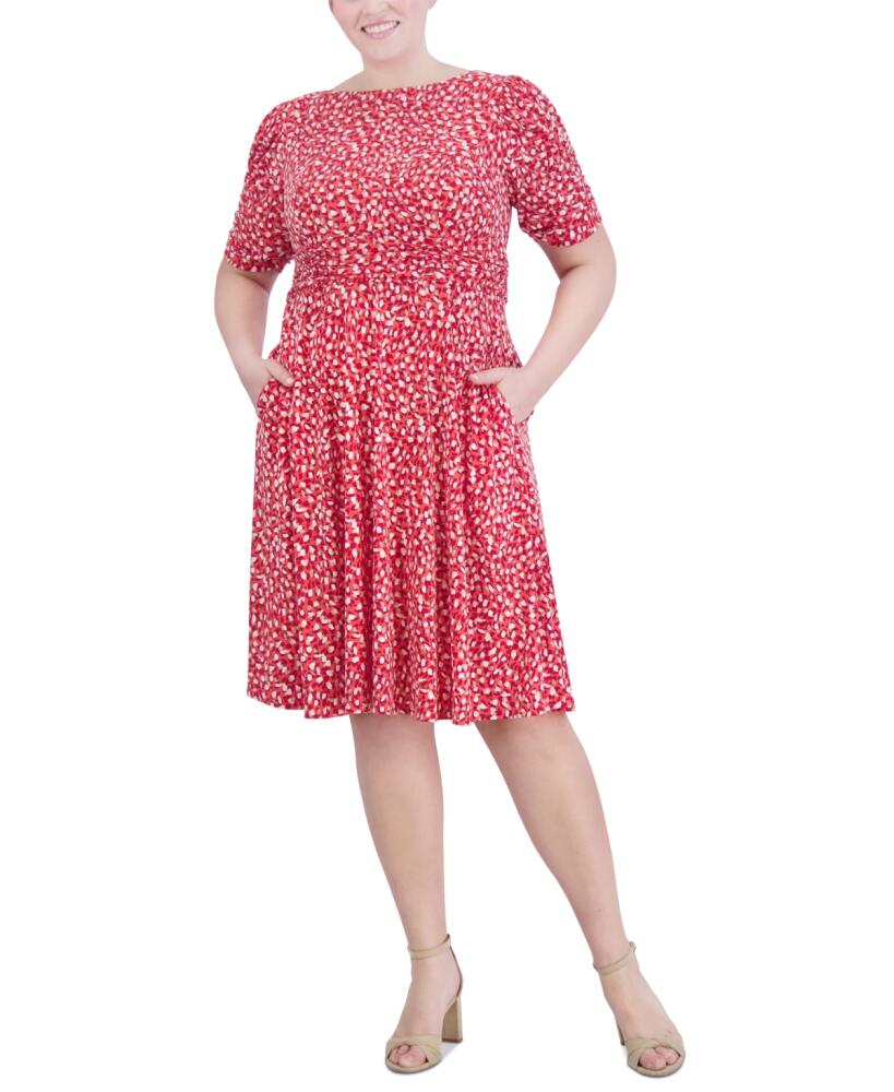 Jessica Howard Plus Size Printed Ruched-Sleeve Dress - Persimmon Cover