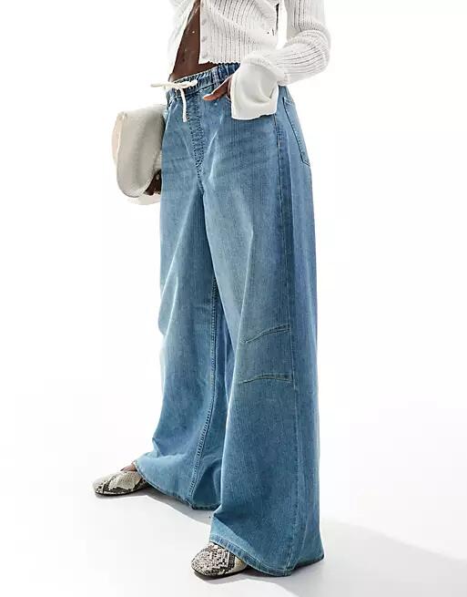 Bershka denim look pull on wide leg pants in mid wash blue Cover