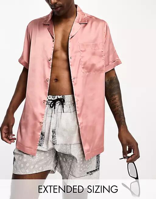 ASOS DESIGN relaxed satin shirt in dusty pink with roll sleeves Cover