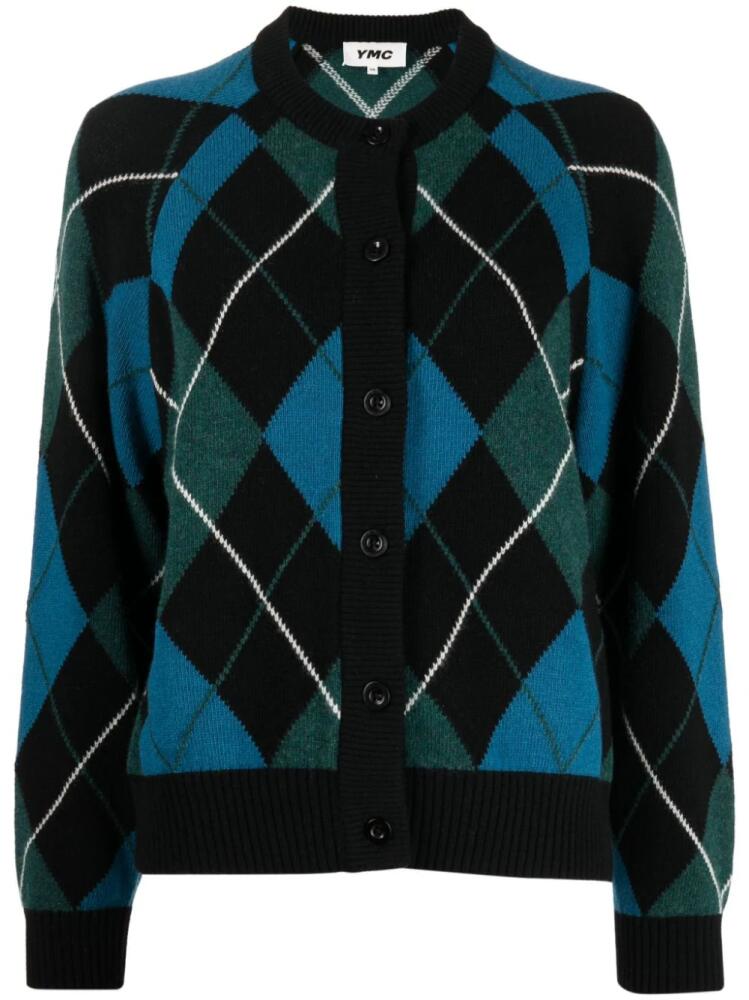 YMC Atomic argyle-check cardigan - Black Cover