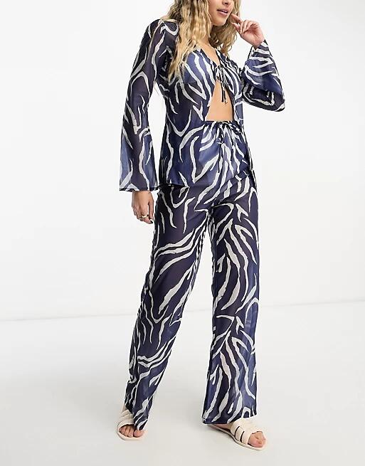 4th & Reckless sorrel sheer tie front pants in navy zebra print - part of a set-Multi Cover