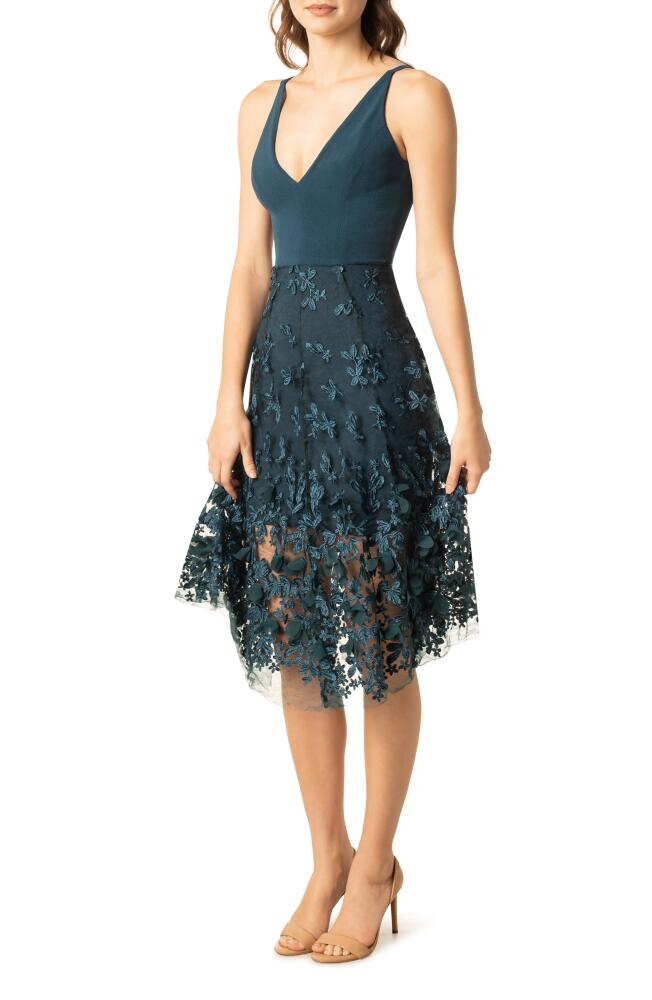 Dress the Population Darleen V-Neck Embroidered Mesh Cocktail Dress in Peacock Blue Cover