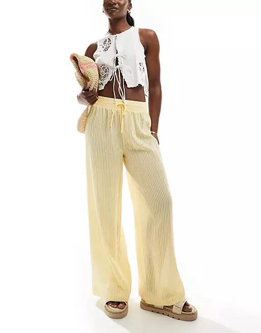 Bershka tie waist seersucker wide leg pants in butter stripe-Yellow Cover