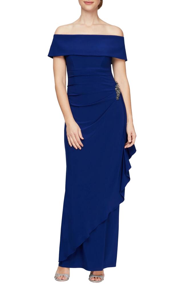 Alex Evenings Embellished Off the Shoulder Column Gown in Dark Royal Cover