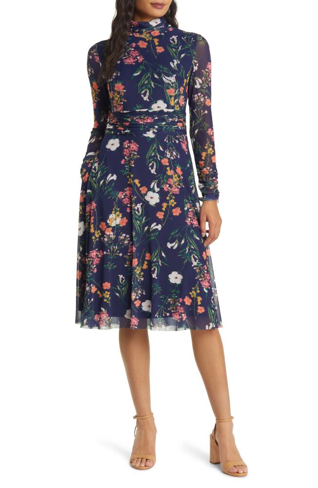 Eliza J Floral Long Sleeve Mesh Dress in Navy Multi Cover