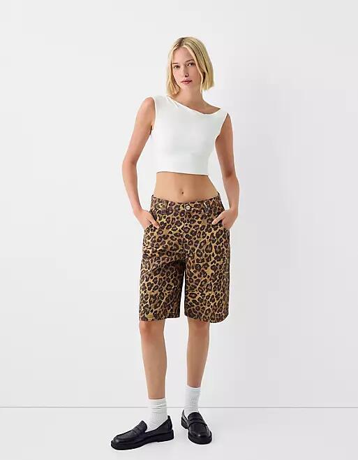 Bershka baggy longline shorts in leopard print-Multi Cover