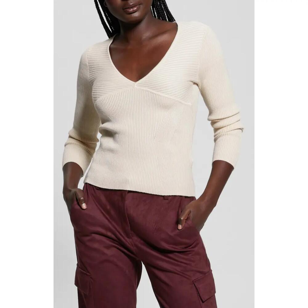 GUESS Cirila V-Neck Rib Sweater in Pearl Oyster Cover