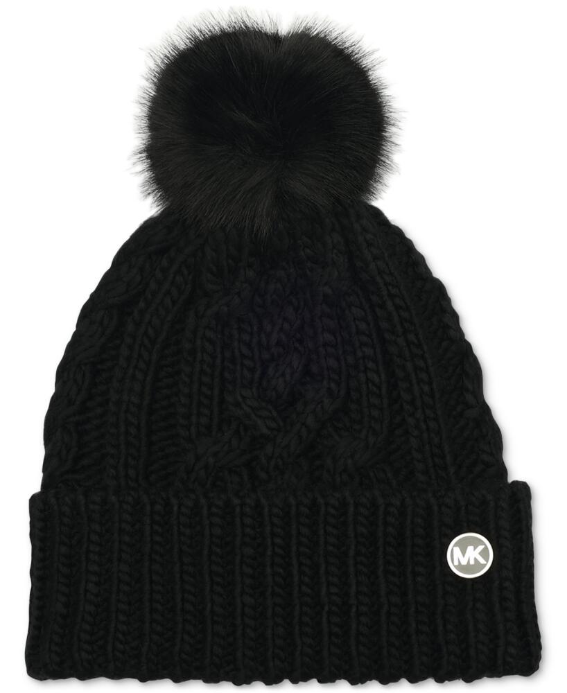 Michael Michael Kors Soft Knit Tangled Aran Cuff Pom Beanie - Black Cover