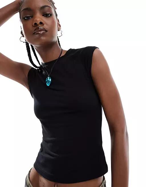 Weekday Lara slim fit top with cap sleeves in black Cover