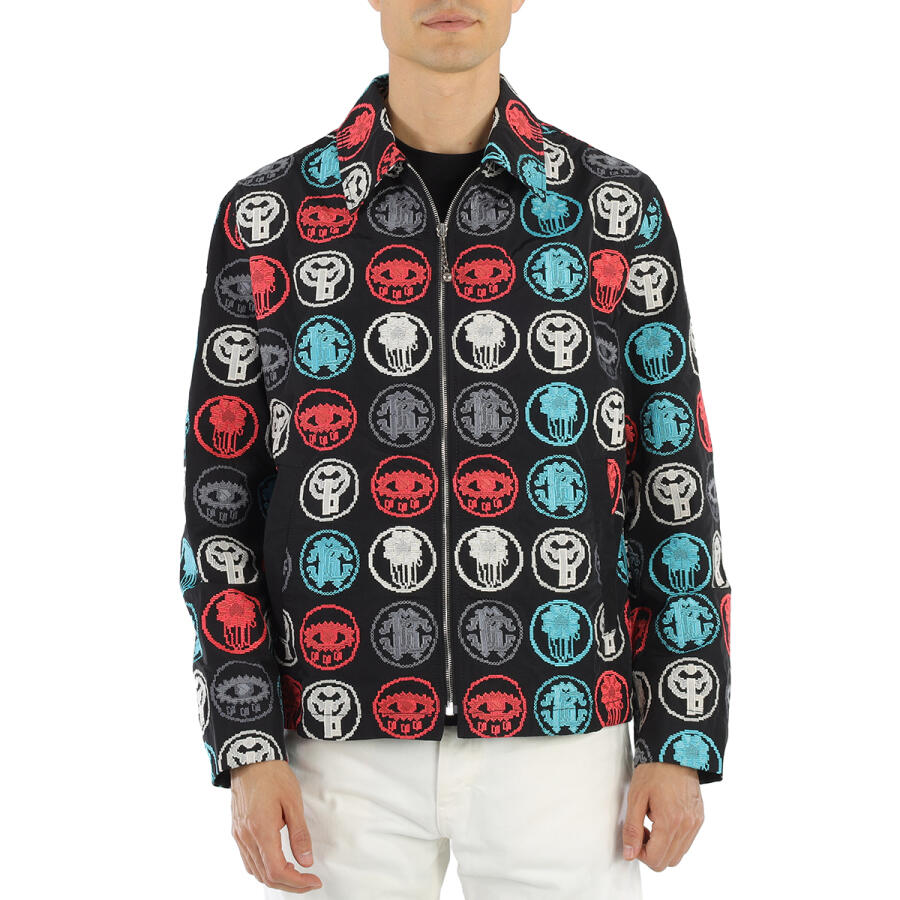 Roberto Cavalli Mens Black / Multicolor Embroidered Lucky Coin Shirt Jacket Cover