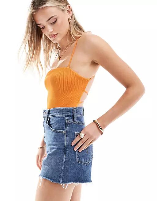 Bershka straight neck crinkle bodysuit in orange Cover