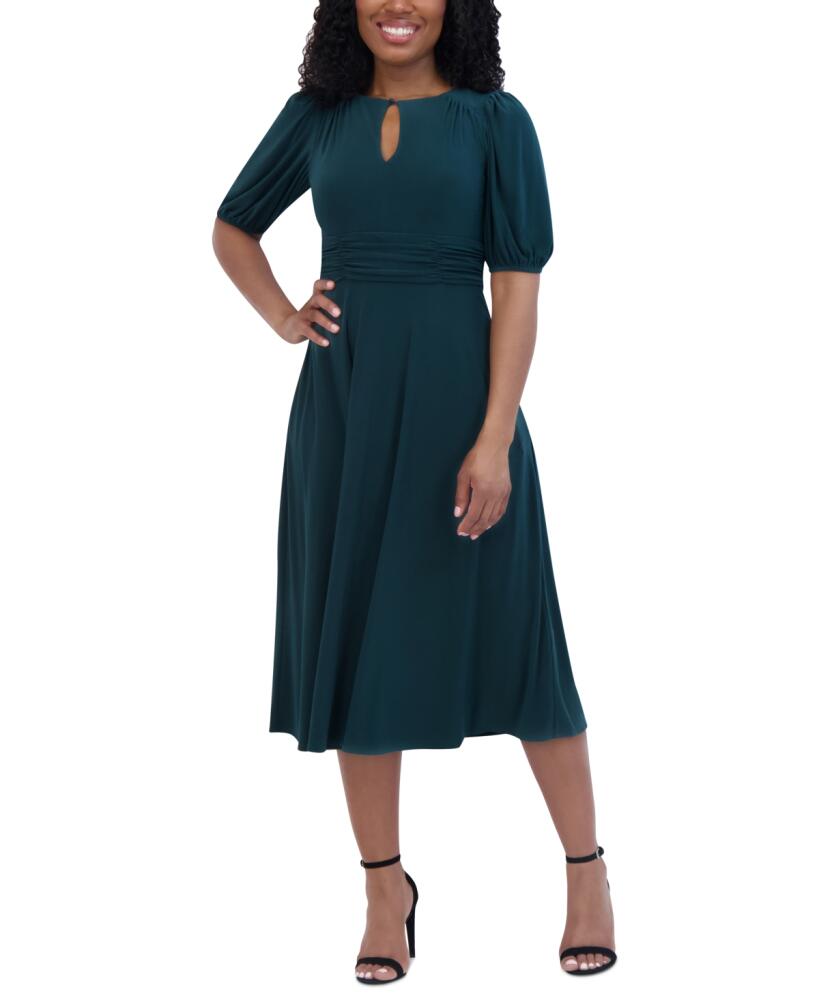 Jessica Howard Petite Ruched Puff-Sleeve Midi Dress - Hunter Cover