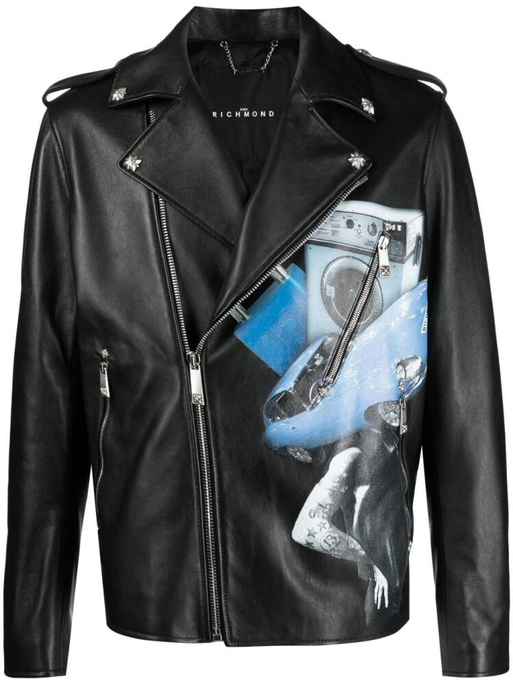 John Richmond graphic-print leather biker jacket - Black Cover