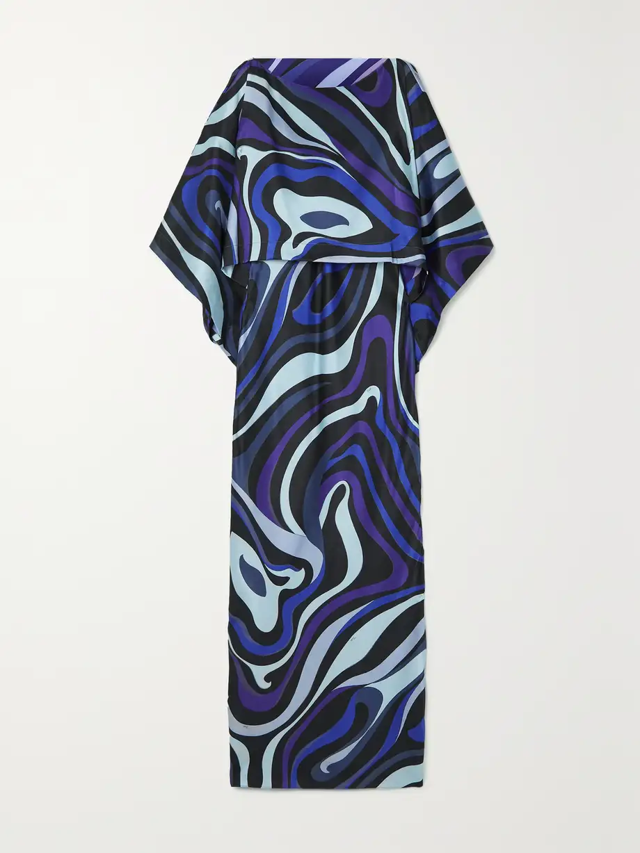 PUCCI - Cape-effect Printed Silk-blend Satin Maxi Dress - Blue Cover