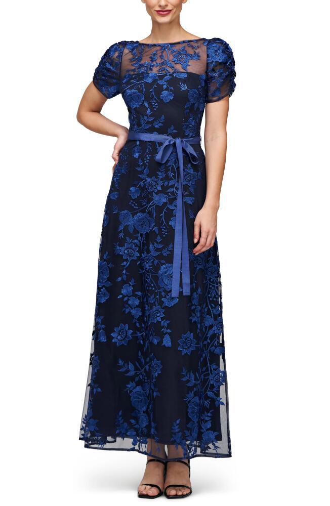 JS Collections Sarah Floral Embroidered Tie Belt Gown in Navy/Indigo Cover