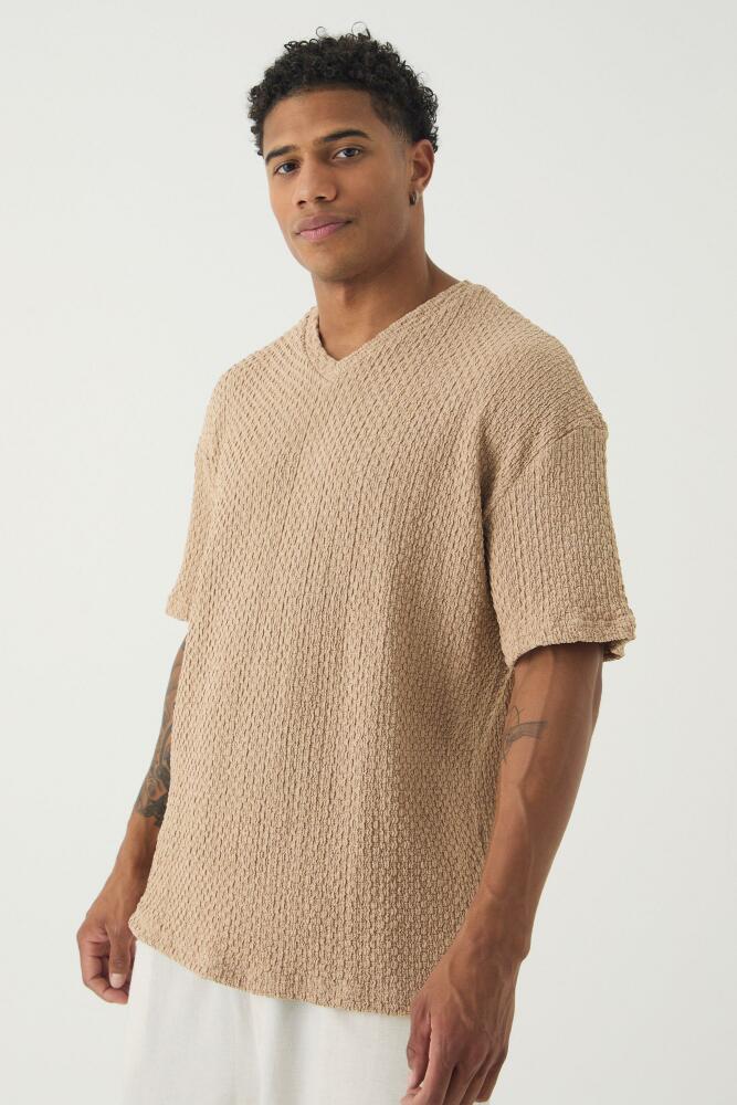 boohoo Mens Oversized Premium Jacquard V Neck T-Shirt - Beige Cover