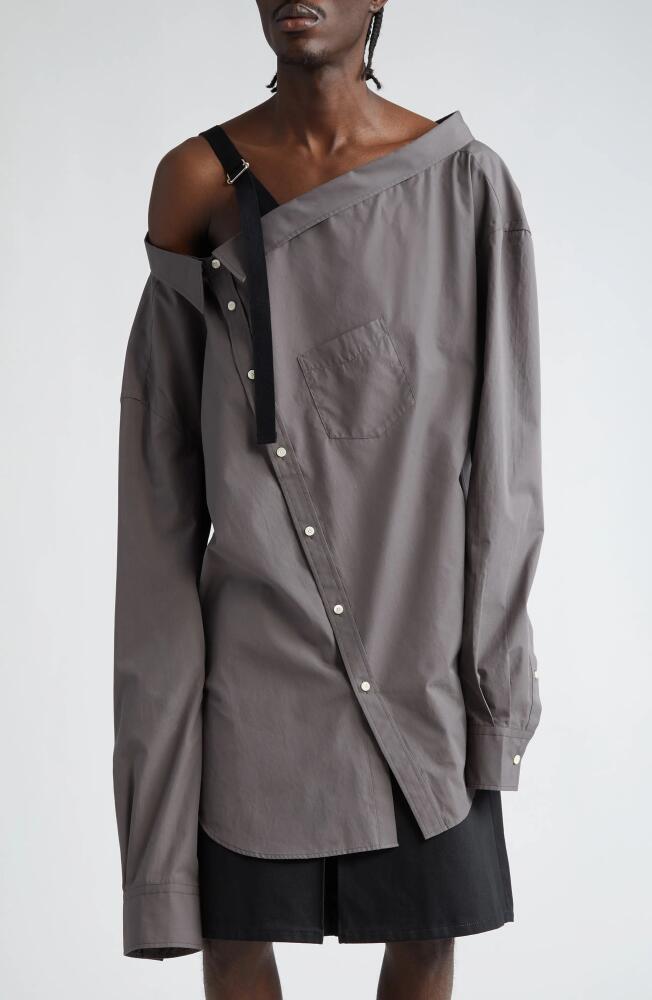 TAKAHIROMIYASHITA TheSoloist. Asymmetric One-Shoulder Cotton & Silk Button-Up Shirt with Removable Collar in Gray Cover