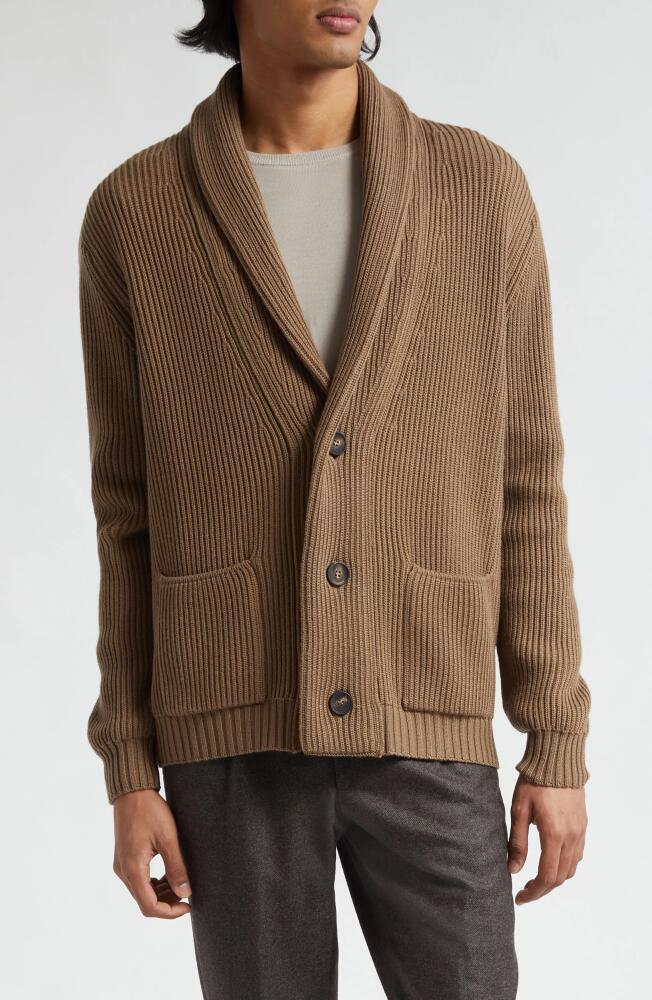 Thom Sweeney Shawl Collar Merino Wool Cardigan in Taupe Cover