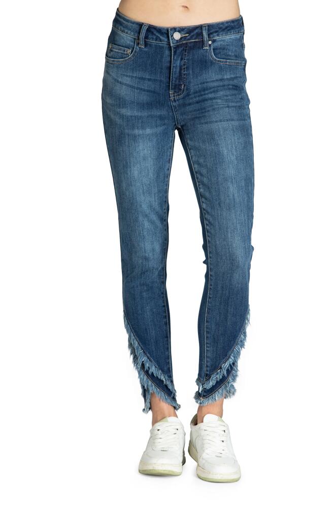 APNY Liberty Asymmetric Fray Hem Skinny Jeans in Medium Indigo Cover