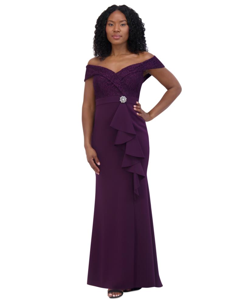 Jessica Howard Women's Off-The-Shoulder Ruffle-Front Gown - Plum Cover