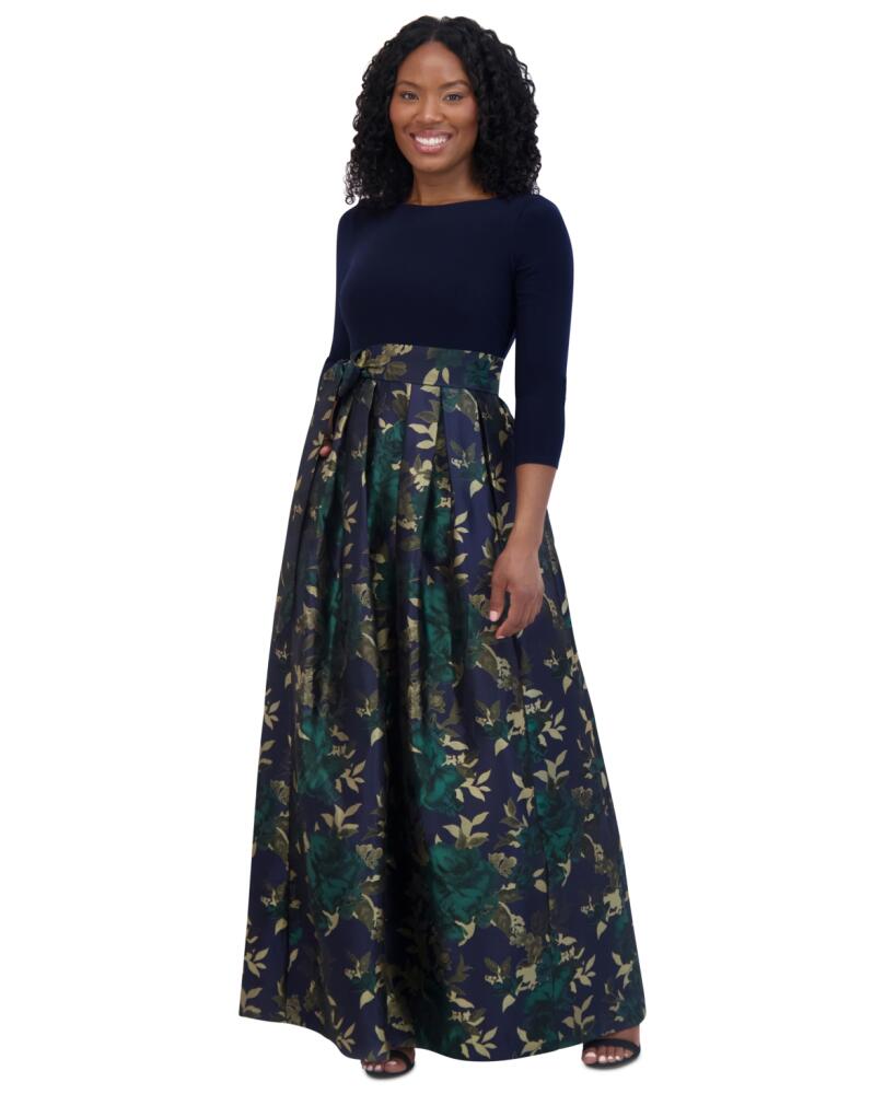 Jessica Howard Women's 3/4-Sleeve Jacquard Ball Gown - Navy Multi Cover