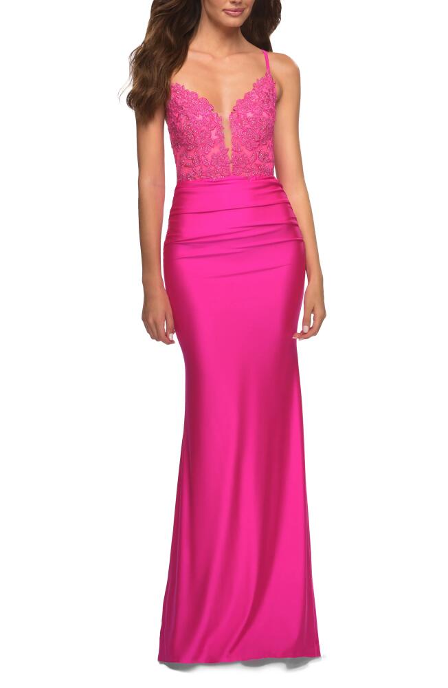 La Femme Illusion Plunge Mermaid Gown in Neon Pink Cover