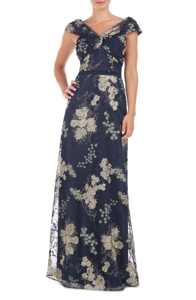 JS Collections Camilla Twist Floral Embroidered A-Line Gown in Navy/Jade Cover