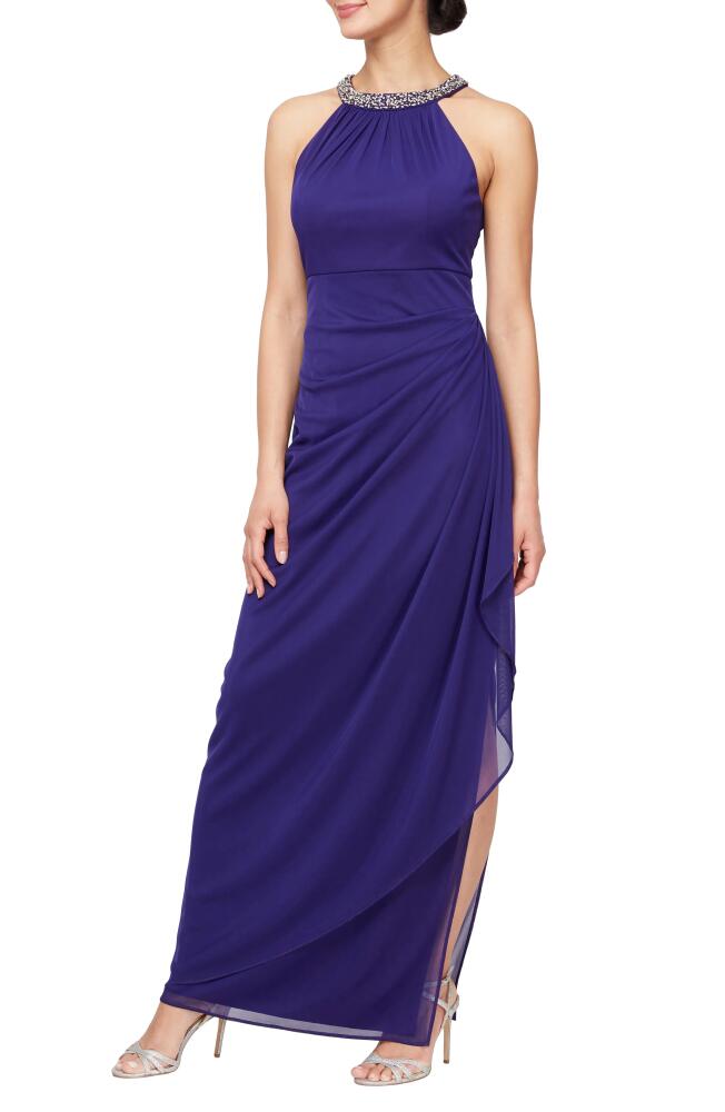 Alex Evenings Embellished Halter Ruched Column Formal Gown in Bright Purple Cover