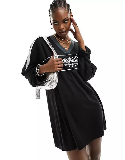 Daisy Street v neck oversized long sleeve rugby dress with LA print-Black Cover