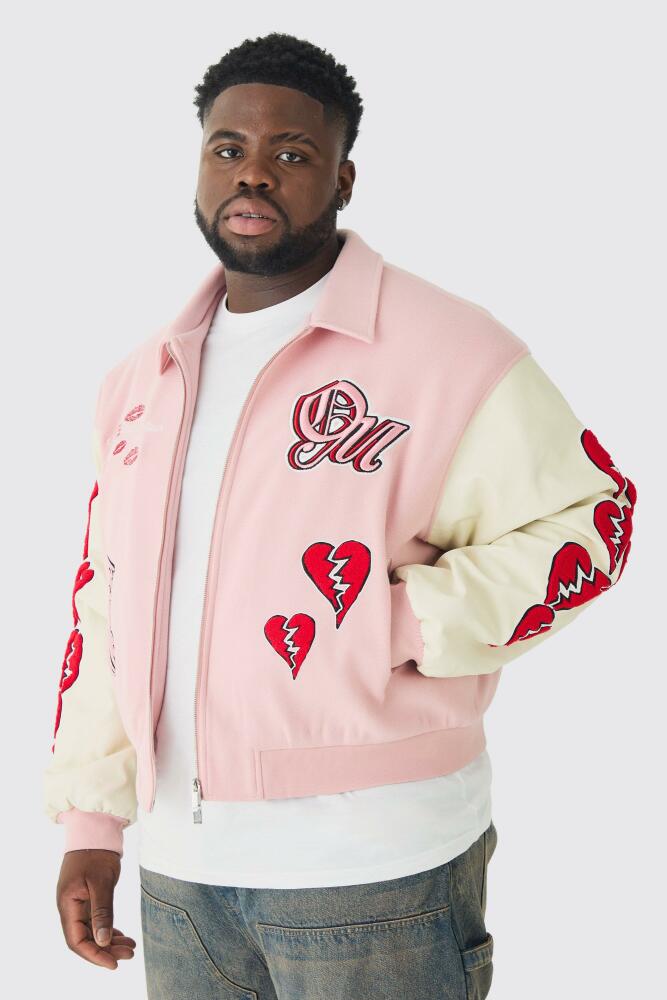 boohoo Mens Plus Boxy Heart Applique Varsity Bomber - Pink Cover