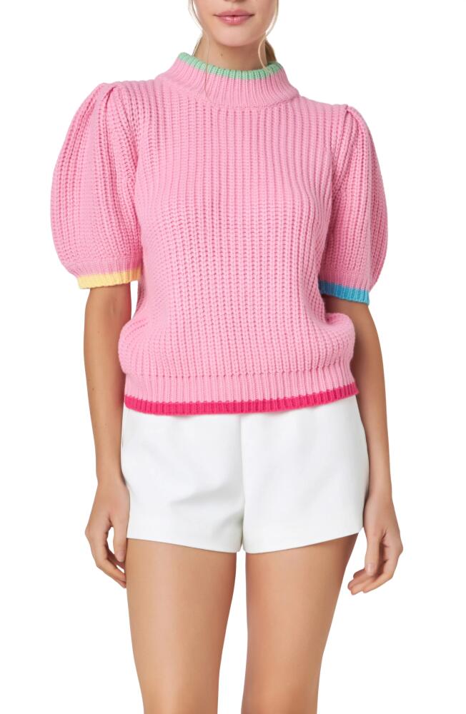 English Factory Tipped Trim Short Sleeve Shaker Stitch Sweater in Pink Multi Cover