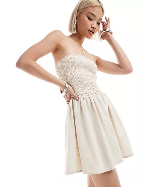 Daisy Street linen look bandeau shirred mini dress in cream-White Cover